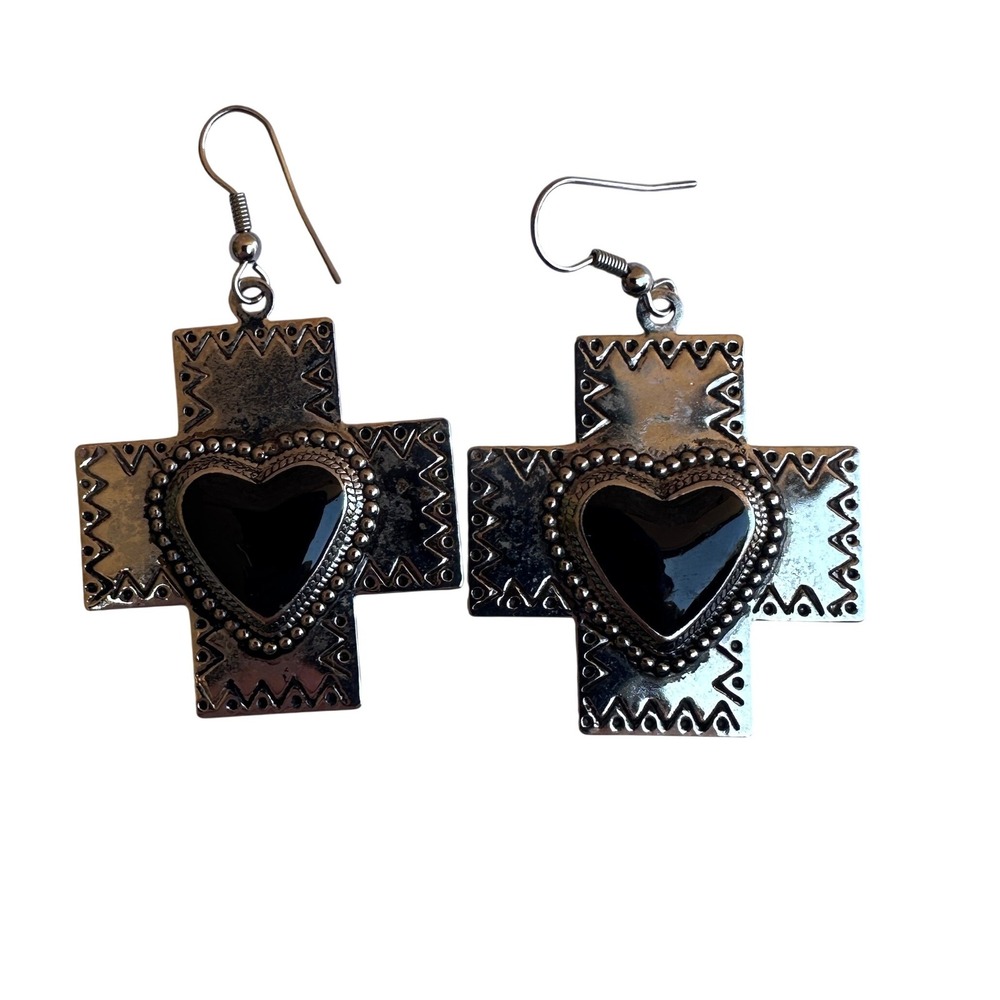 Silver Tone Cross Heart Drop Earrings Black Inlay Southwestern Boho Goth Style